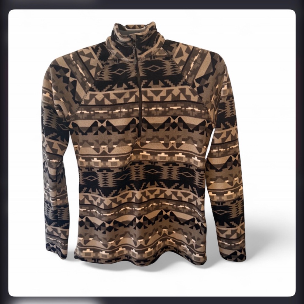 Women’s Eddie Bauer Grey, Black & White Aztec Print Quarter Zip Fleece Size M